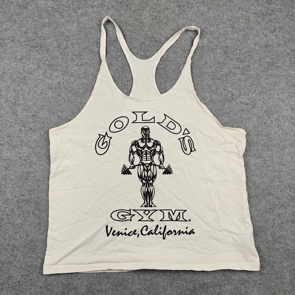 Vintage Gold's Gym Tank Top Mens Large White Venice California Racerback Crop